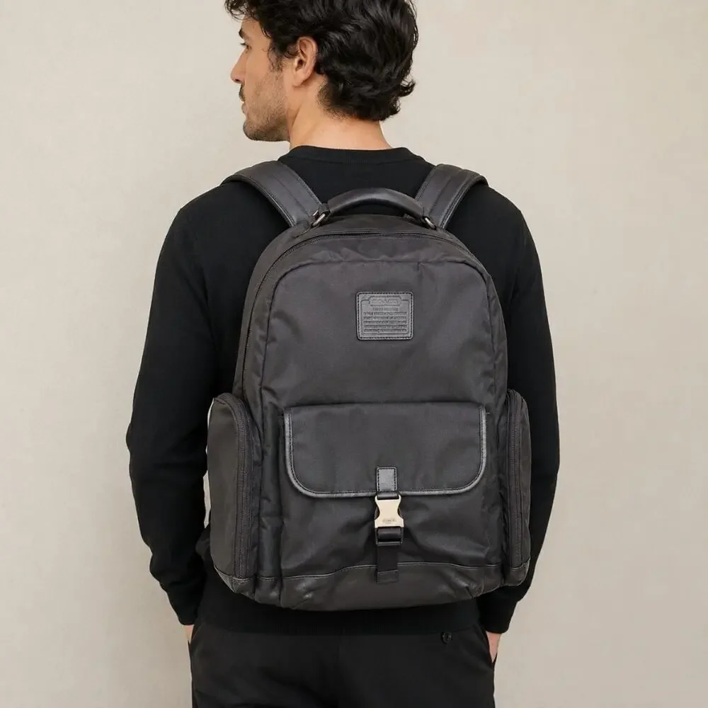 Coach Voyager Luxury Black Nylon Leather Silver Buckle Backpack College School